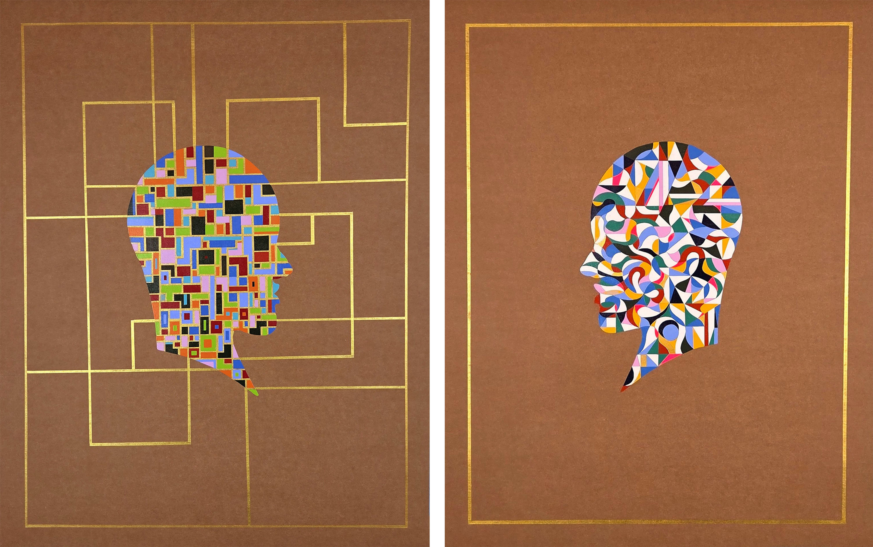 We are on a road to nowhere and Sixes and sevens, 2025 From The Geometric Head Series Acriílic paint on cellulose leather (