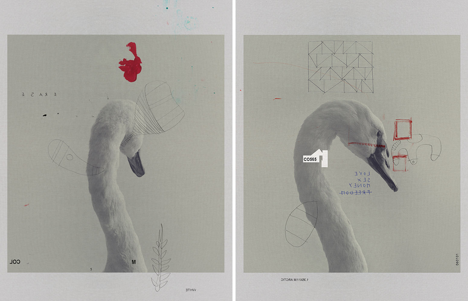 Diptych, From The ONE series, Mix media, Photography, pencil, ink, acrylic and pastel on fabric