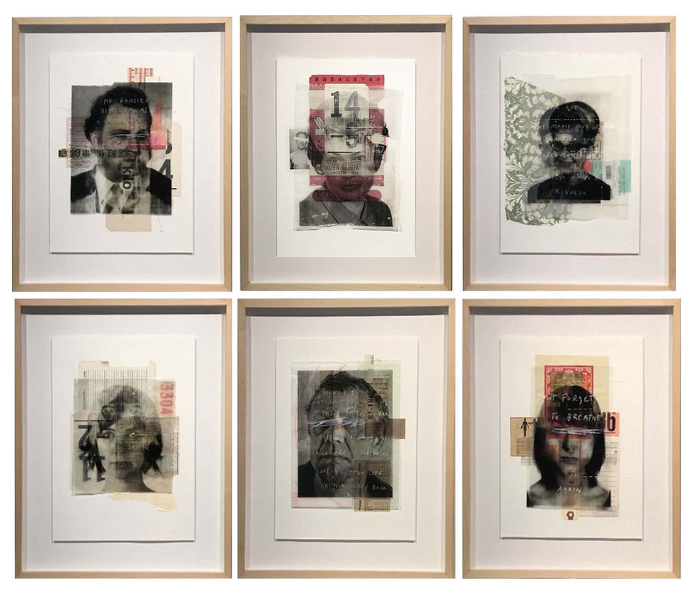 A set of six portraits. Mixed media, 2016 Found images transferred to acetate film, collage, acrylics, and graphite.