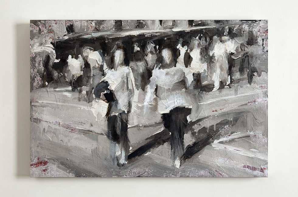 Contemporary expressionist painting in città by Luigi Christopher Veggetti Kanku oil and acrylic painting of urban pedestrian