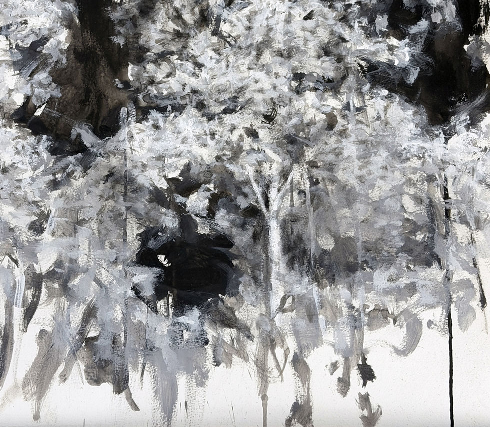 Close-up of gestural white brushstrokes, dense black background, and dynamic layered textures on paper.