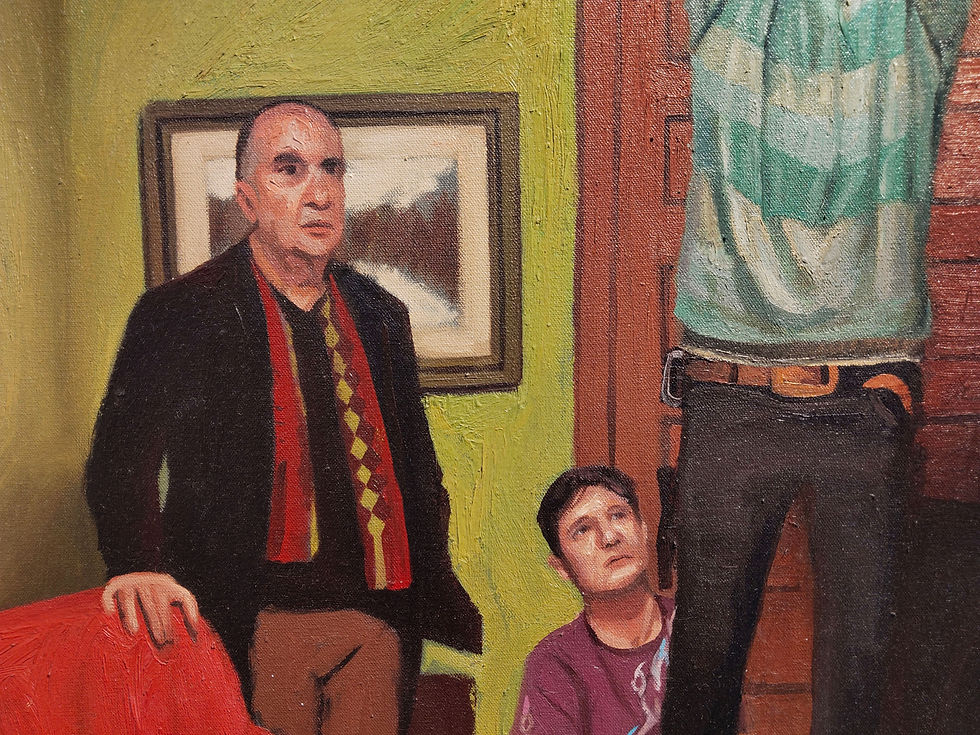 Jose Ricardo Contreras Oil on canvas Painting figurative interiors woman meeting men table