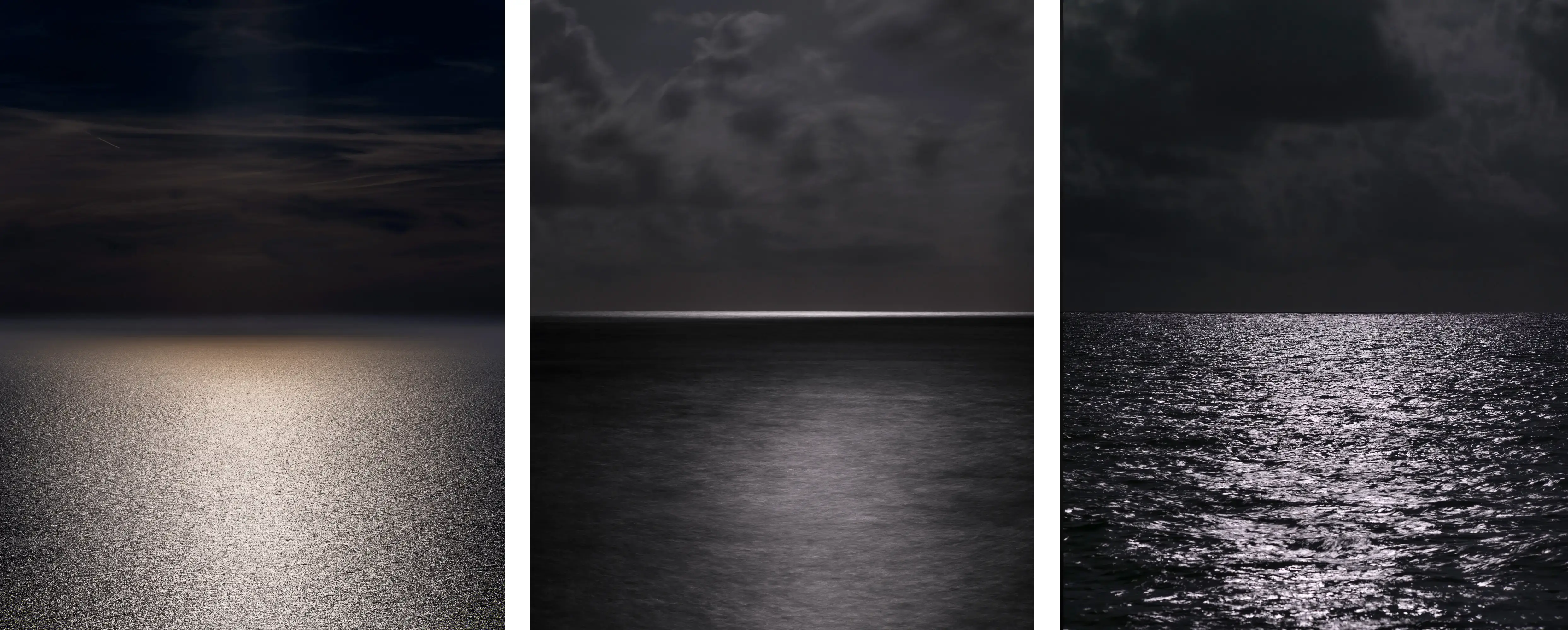 Nocturnal ocean photography Moonrise triptych, Miguel Winograd, 2023, moonlight landscape, natural, mareas, beach