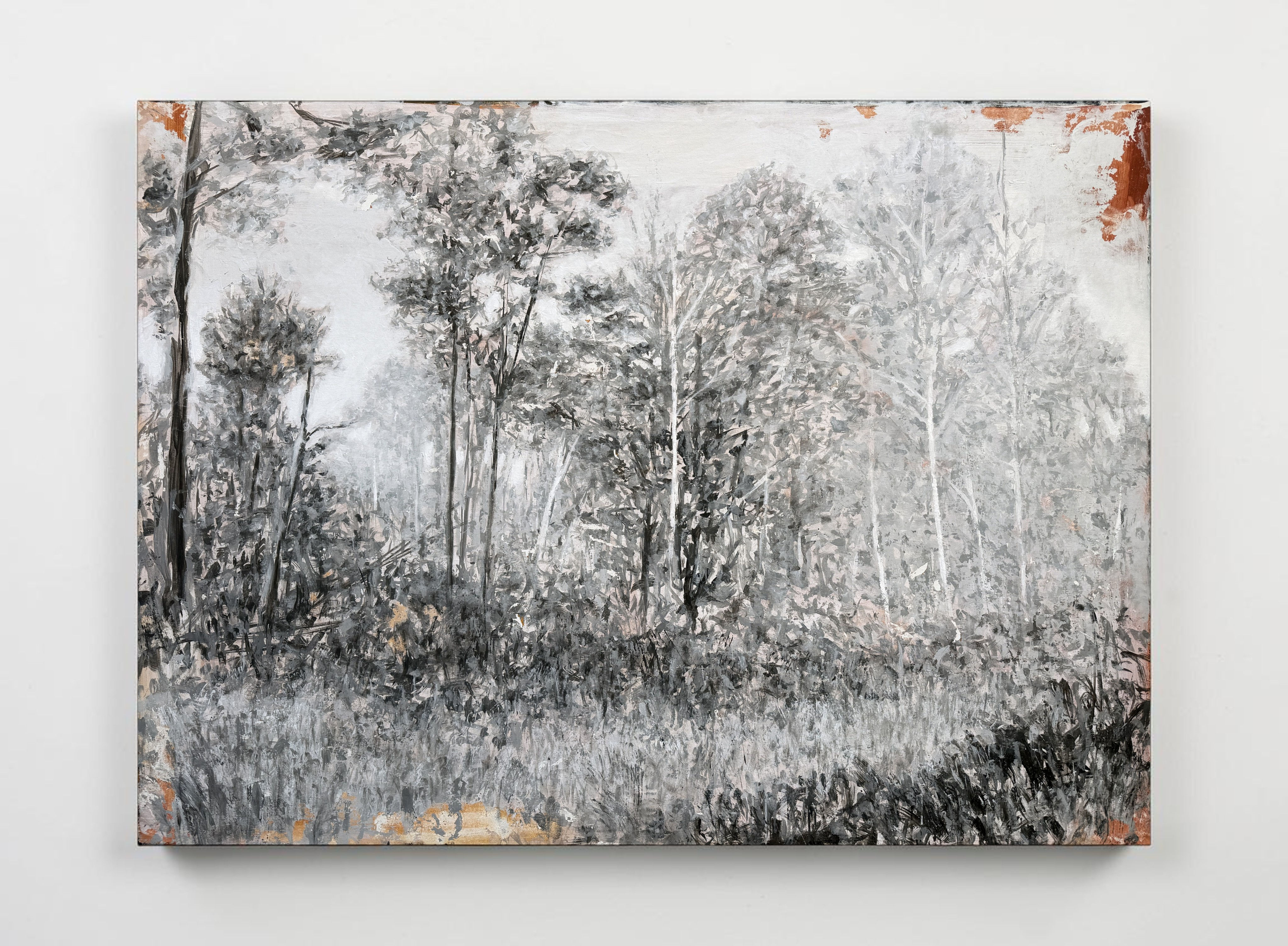 Original oil painting VERSO LA PRIMAVERA by Luigi Christopher Veggetti Kanku, abstract wooded landscape in greyscale.