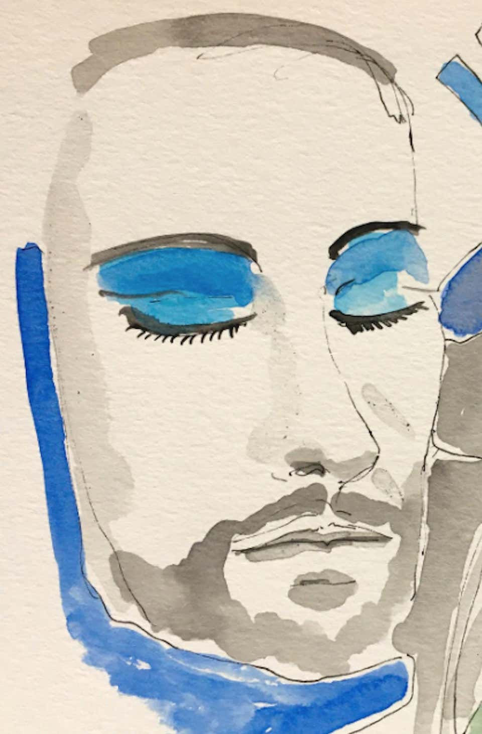 Marc's blue shadow, 2020 Manuel Santelices drawings works on paper fashion watercolors celebrities society design