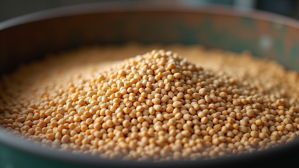 Close-up view of a large bulk feed bin filled with horse feed pellets