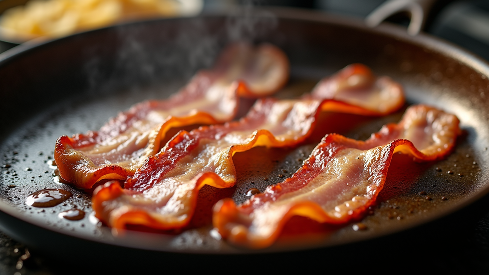 Eye-level view of a skillet with sizzling nitrate-free bacon strips