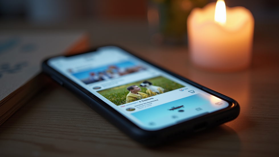 Close-up view of a smartphone displaying a social media feed with colorful posts