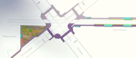 Gold Line parking structure and "transit plaza" on north west corner of First Ave. and Santa Clara, and former location of station platforms east of First Ave.