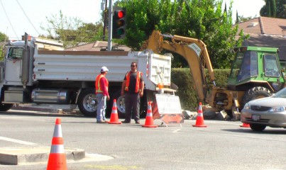 Looking east at intersection of Santa Anita and Longden Ave., with Longden closed to eastbound traffic at Santa Anita