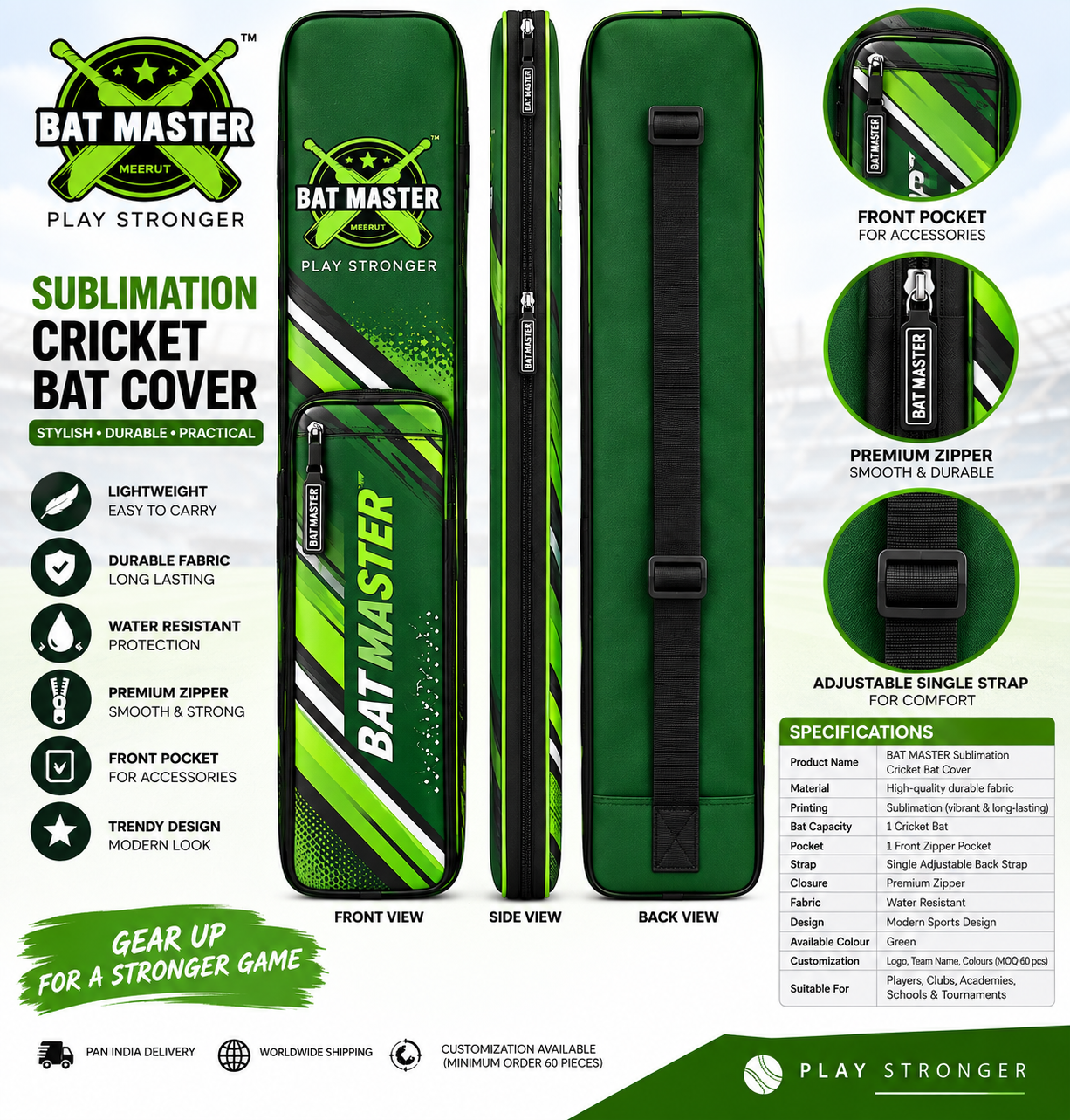 BAT MASTER Sublimation Cricket Bat Cover Green with One Pocket