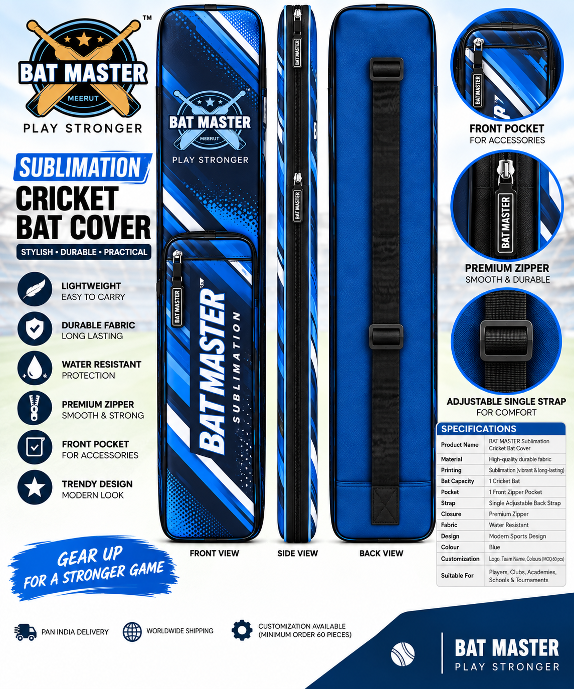 BAT MASTER Sublimation Cricket Bat Cover Blue with One Pocket
