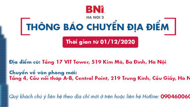 Thông báo chuyển địa điểm văn phòng BNI Hà Nội 2