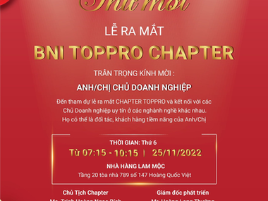 THÔNG BÁO LỄ RA MẮT BNI PERFECT CEO CHAPTER & BNI TOPPRO CHAPTER – BNI VÙNG HÀ NỘI 2