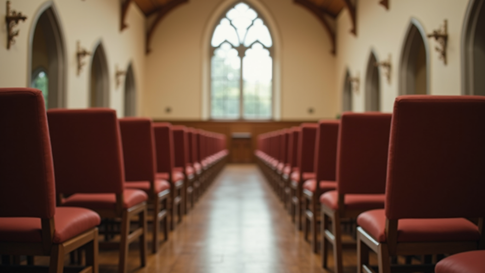 Close-up view of a church hall with chairs arranged for a human trafficking education session