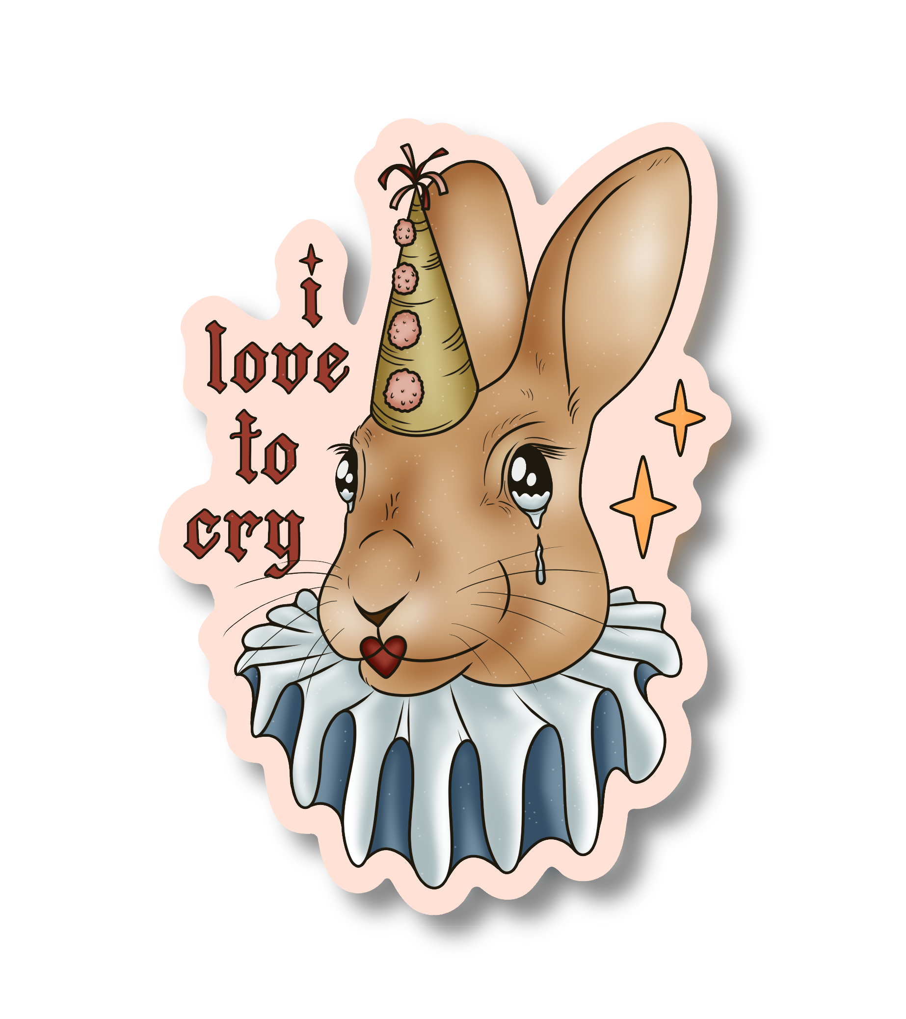 die-cut vinyl watersticker of a crying rabbit wearing a party hat and clown collar, saying 'i love to cry'