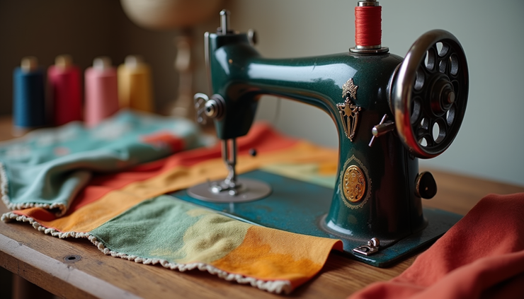 Eye-level view of a vintage sewing machine with fabric and thread spools