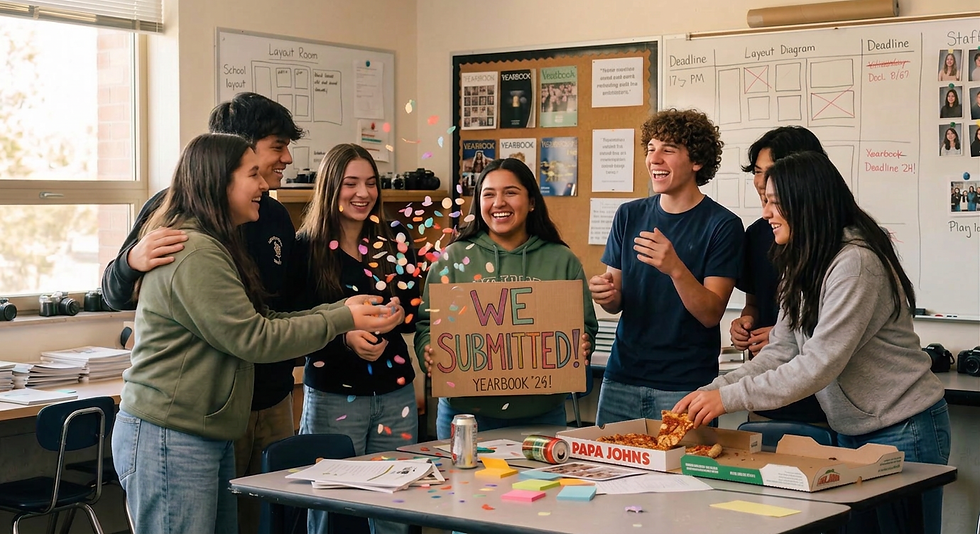 A group of yearbook students celebrating submitting their yearbook with pizza and confetti.
