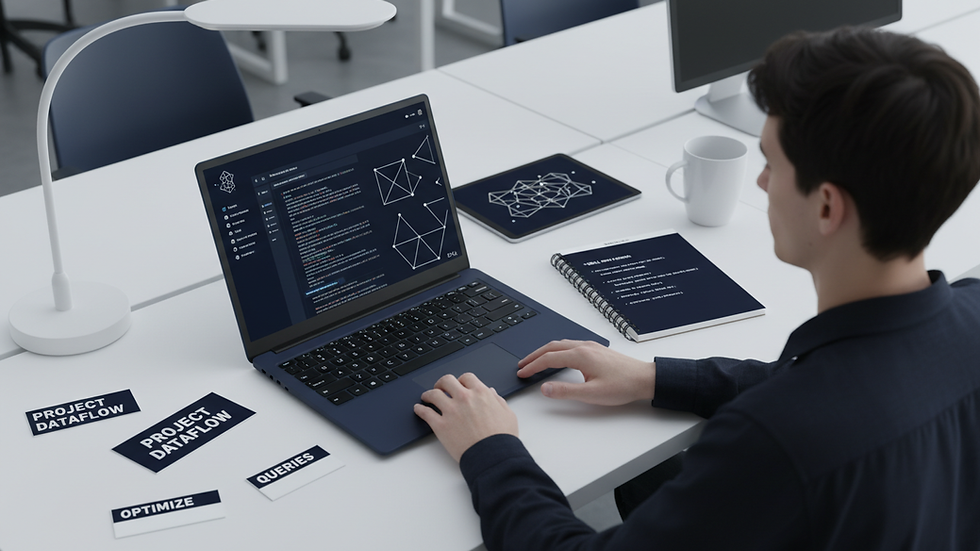 high angle view of desk with laptop and notes for SQL project