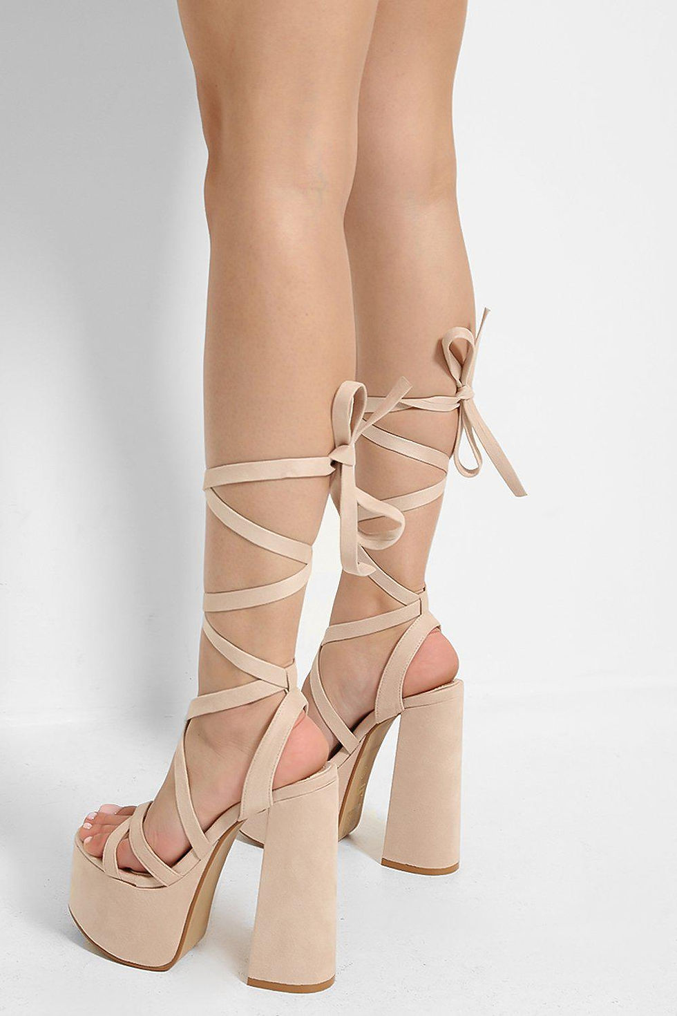 Thumbnail: LACE UP BLOCK SUEDE HEELS PLATFORMS IN NUDE
