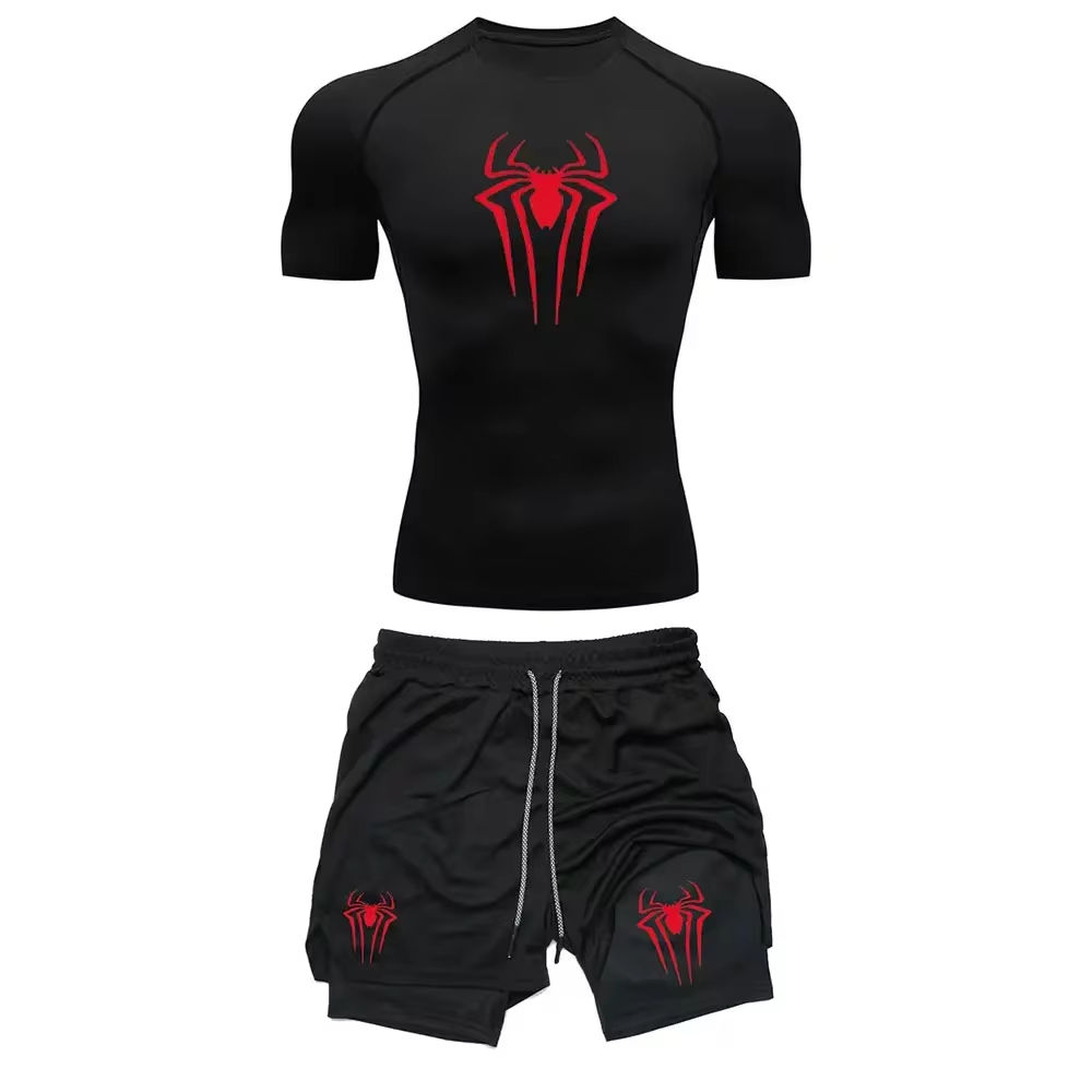 Men's Workout Compression Set Y2K Spider Printed Gym Tshirts Breathable Running