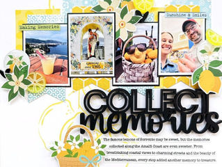 8x8 Mediterranean travel scrapbook layout featuring four vacation photos, a large black "Collect Memories" acrylic title, lemon-themed embellishments, yellow stencilled background details, floral clusters, and layered Bramble Fox products in bright yellow, green, blue, and black.