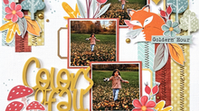 8 x 8 autumn scrapbook layout featuring three photos, a large Colors of Fall title, layered Bramble Fox Paper Snips, tree Perspextives, flowers, leaves, and stenciled autumn details.