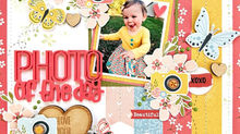 Bright 8x8 scrapbook layout featuring a “photo of the day” theme using Bramble Fox embellishments, layered papers, butterflies, and hearts