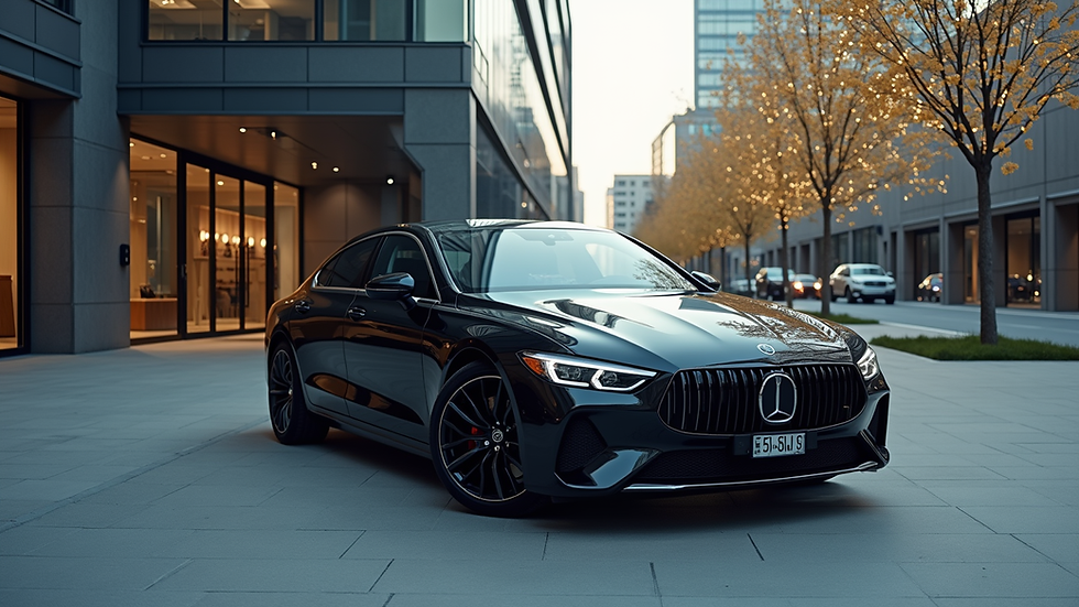 High angle view of a sleek black car parked outside a modern office building