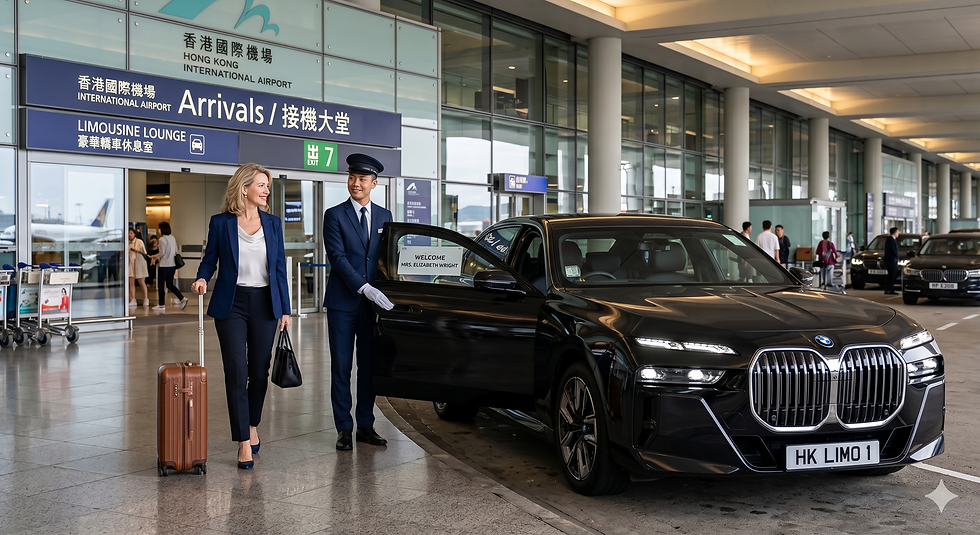 Eye-level view of a sleek black luxury sedan parked at an airport curbside