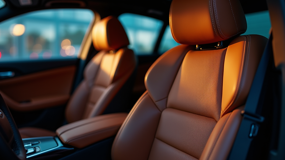 Close-up view of a luxury car interior with leather seats and ambient lighting