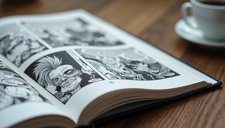 Eye-level view of a manga book open to a detailed black-and-white action scene