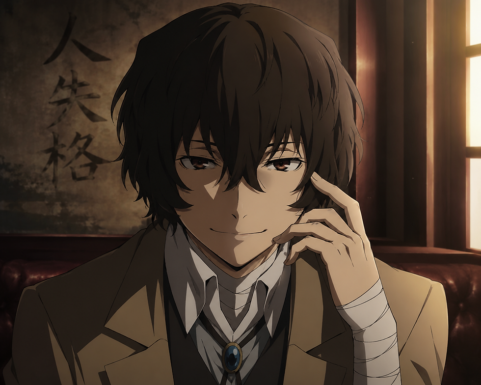 Eye-level view of a detailed illustration of Bungo Stray Dogs characters with literary-themed backgrounds