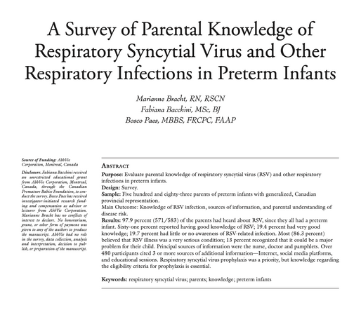 A Survey of Parental Knowledge of Respiratory Syncytial Virus & Other Respiratory Infections in...