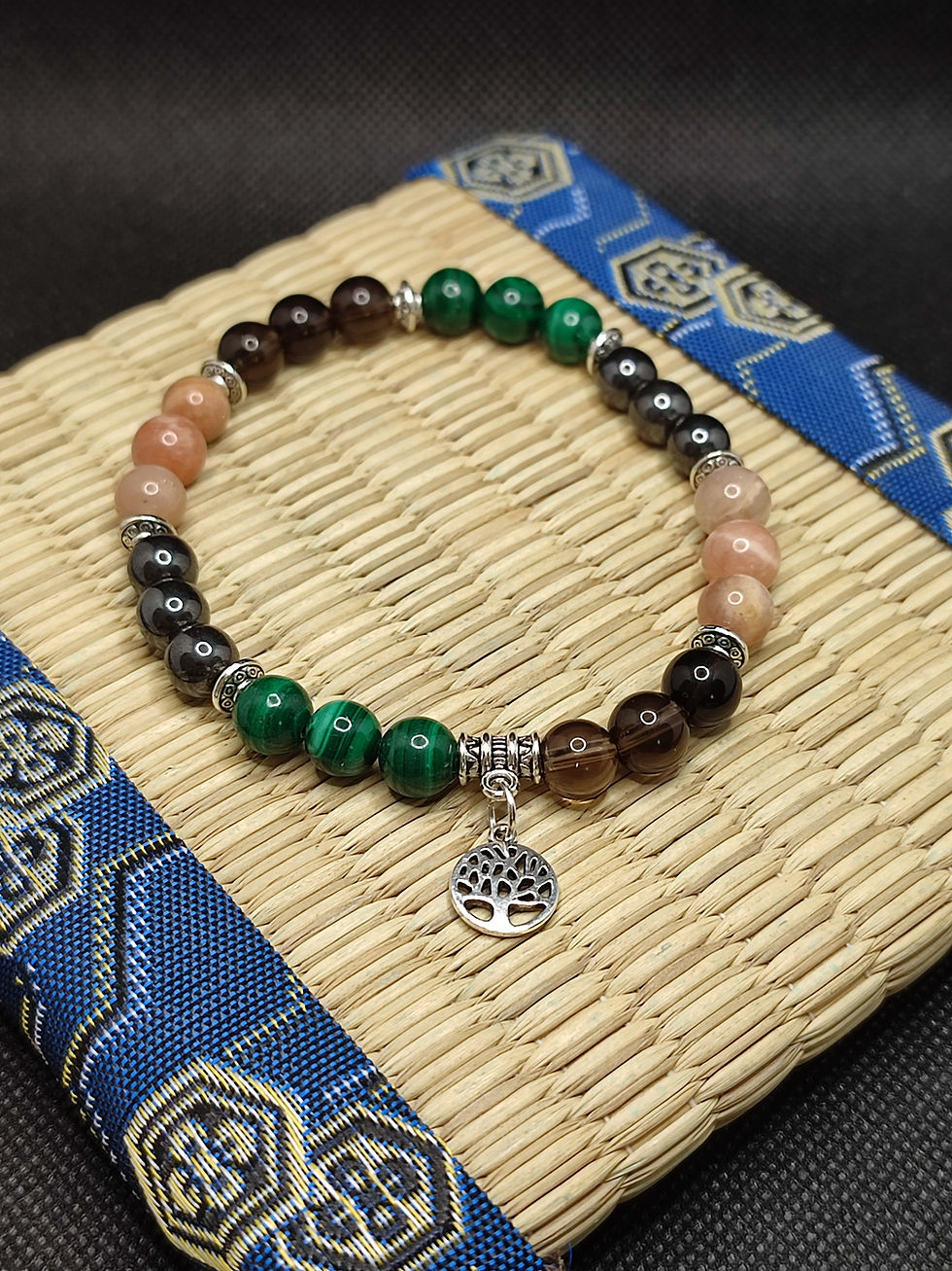 Miniature : Bracelet pour mal de dos, malachite, quartz fumé, pierre du soleil, hématite