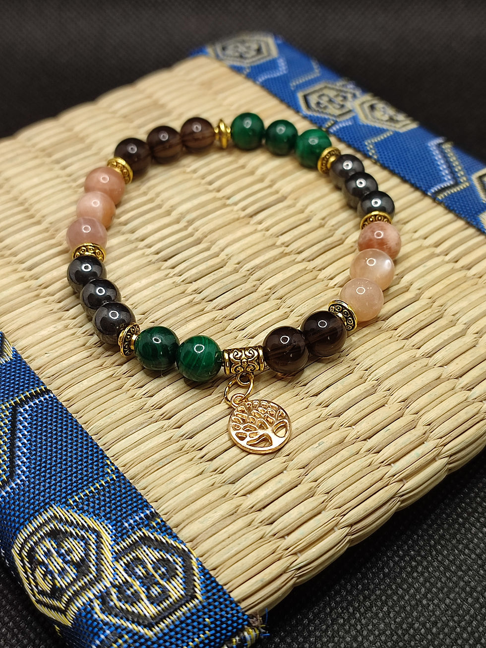 Miniature : Bracelet pour mal de dos, malachite, quartz fumé, pierre du soleil, hématite