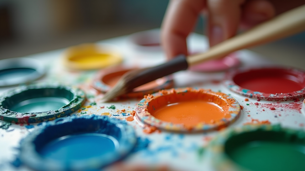Close-up view of an artist's palette with vibrant paint colors