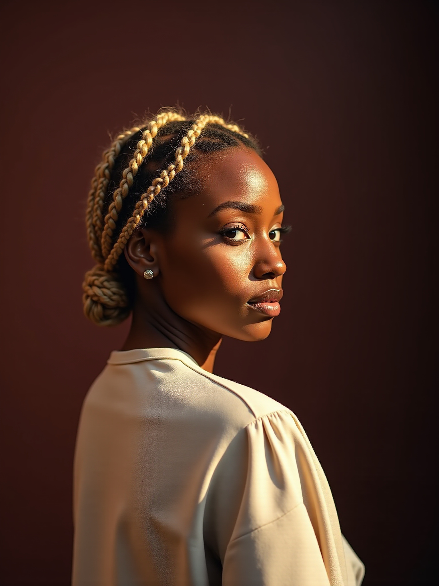 Woman with blonde braided hair looking over shoulder