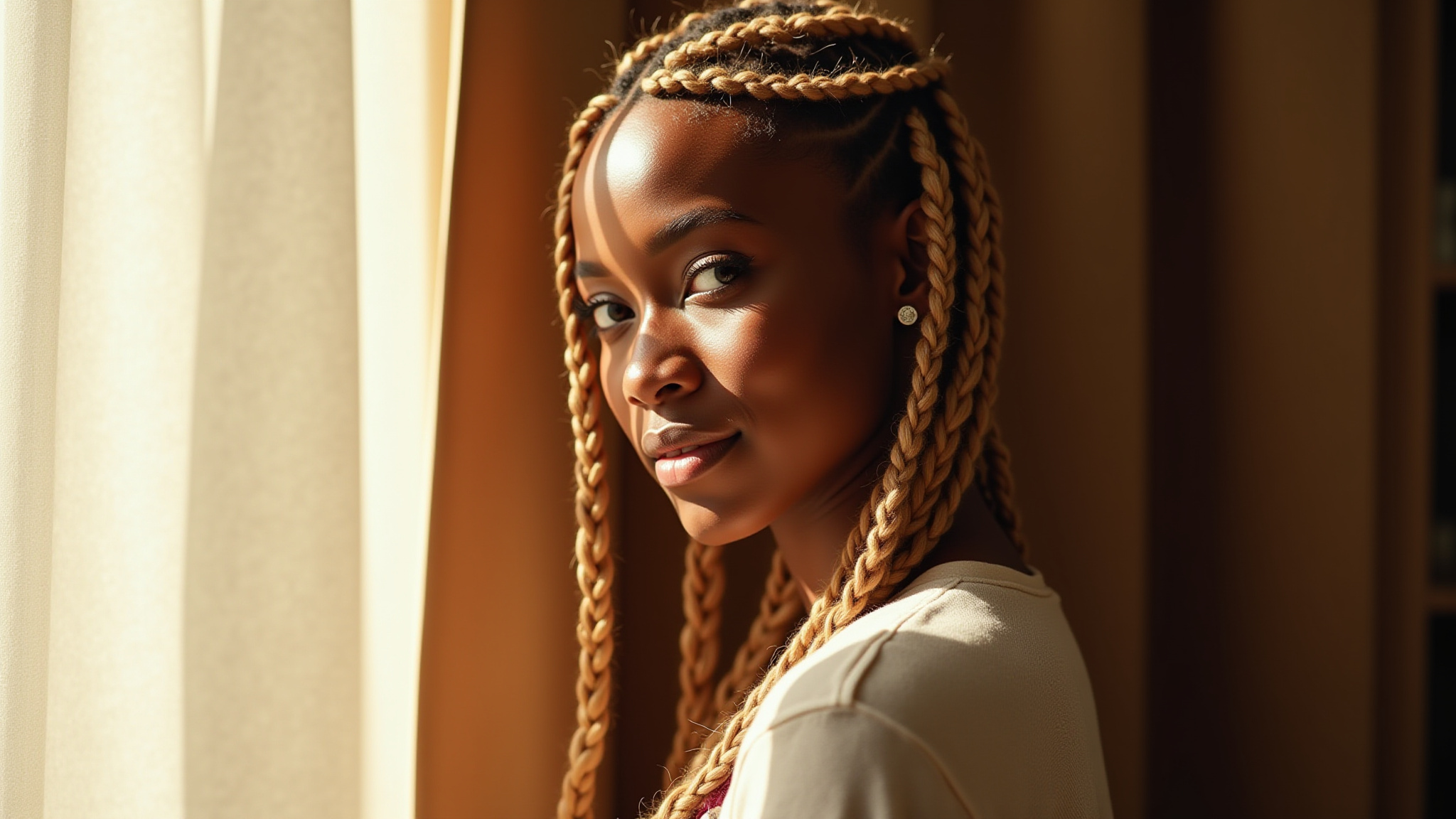 Young woman with braided hair looking over her shoulder