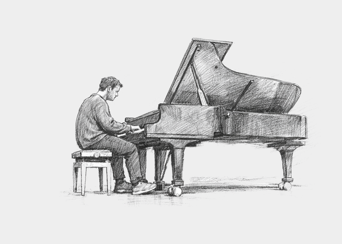 Damien Sketched image playing piano