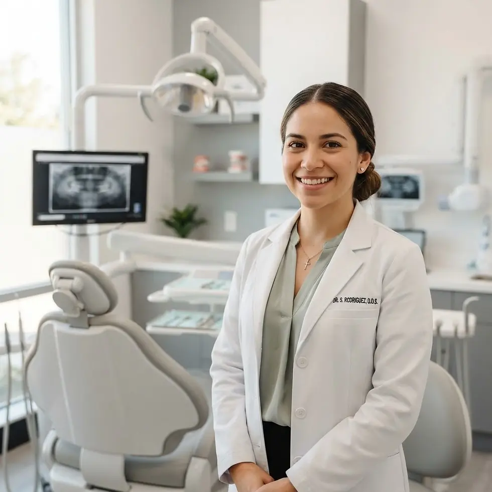 Studio photography of a smiling female dentist in a modern dental office. The bright, clean setting conveys professionalism and care.