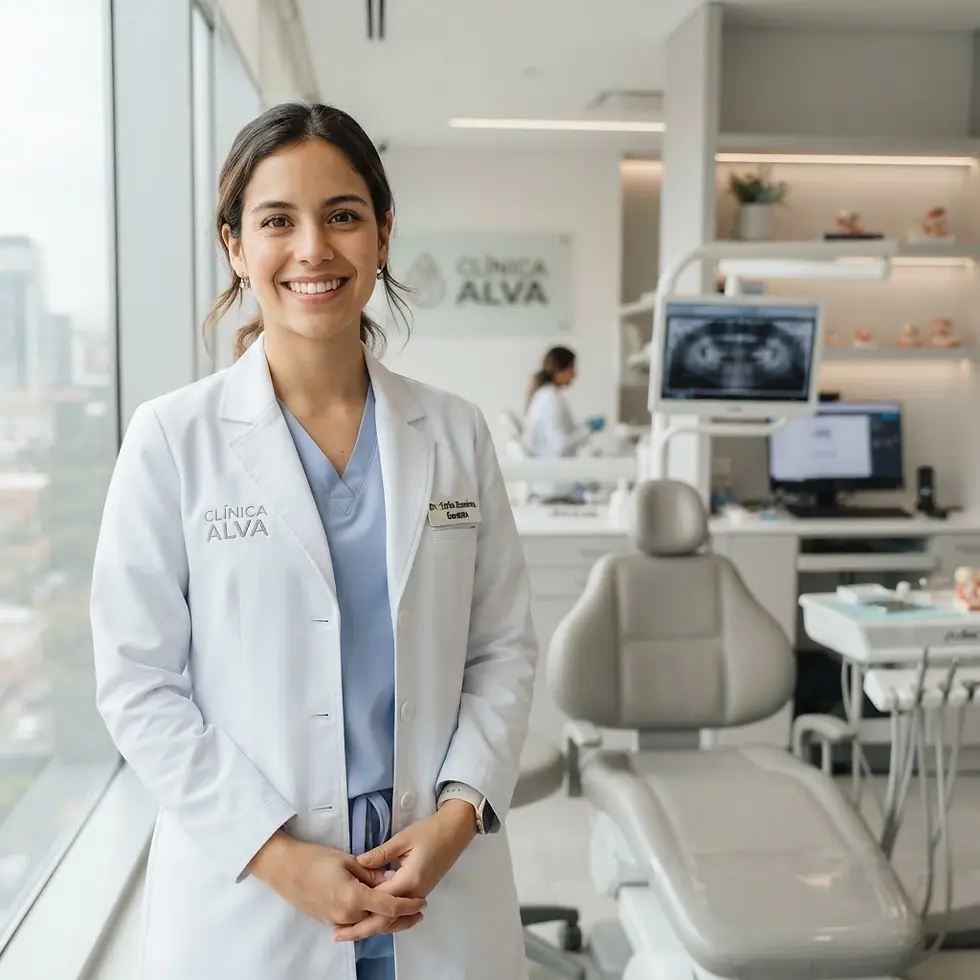 Studio photography of a smiling female dentist in a modern clinic with dental equipment. The image conveys professionalism and a welcoming atmosphere.