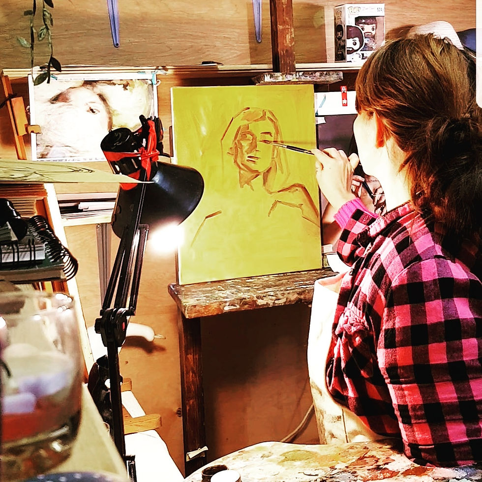 Tara Hanshaw Lewis painting painter in art studio female portrait rosemary brushes paint sketch oil bob ross funko pop pink flannel artist