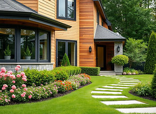 High quality image of a modern home with green grass , a flower garden and bushes.jpg