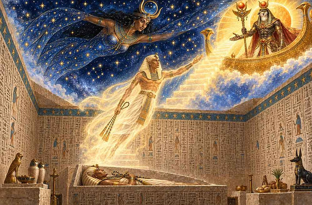 Mythopouch artistic interpretation of the Pyramid Texts as presented by E. A. Wallis Budge, Egyptian source work.