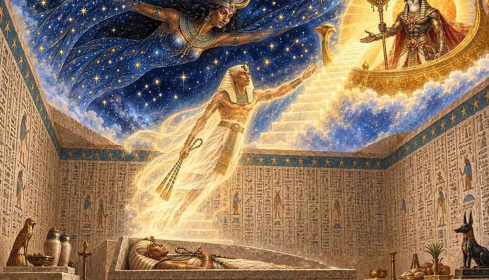 Mythopouch artistic interpretation of the Pyramid Texts as presented by E. A. Wallis Budge, Egyptian source work.