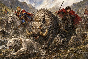 Mythopouch artistic interpretation of Culhwch and Olwen, the medieval Welsh Arthurian tale of Culhwch's quest to marry Olwen.