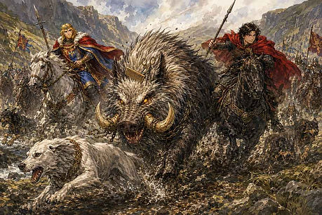 Mythopouch artistic interpretation of Culhwch and Olwen, the medieval Welsh Arthurian tale of Culhwch's quest to marry Olwen.