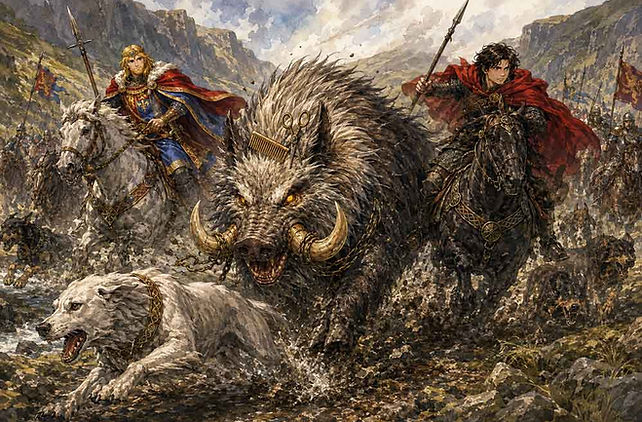 Mythopouch artistic interpretation of Culhwch and Olwen, the medieval Welsh Arthurian tale of Culhwch's quest to marry Olwen.