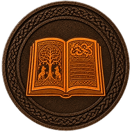 The Mabinogion token mark with symbol of open red-bound manuscript on Arthurian style coin